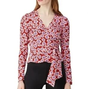 Diane von Furstenberg Red and Purple Floral 100% Silk Wrap Blouse Size 0